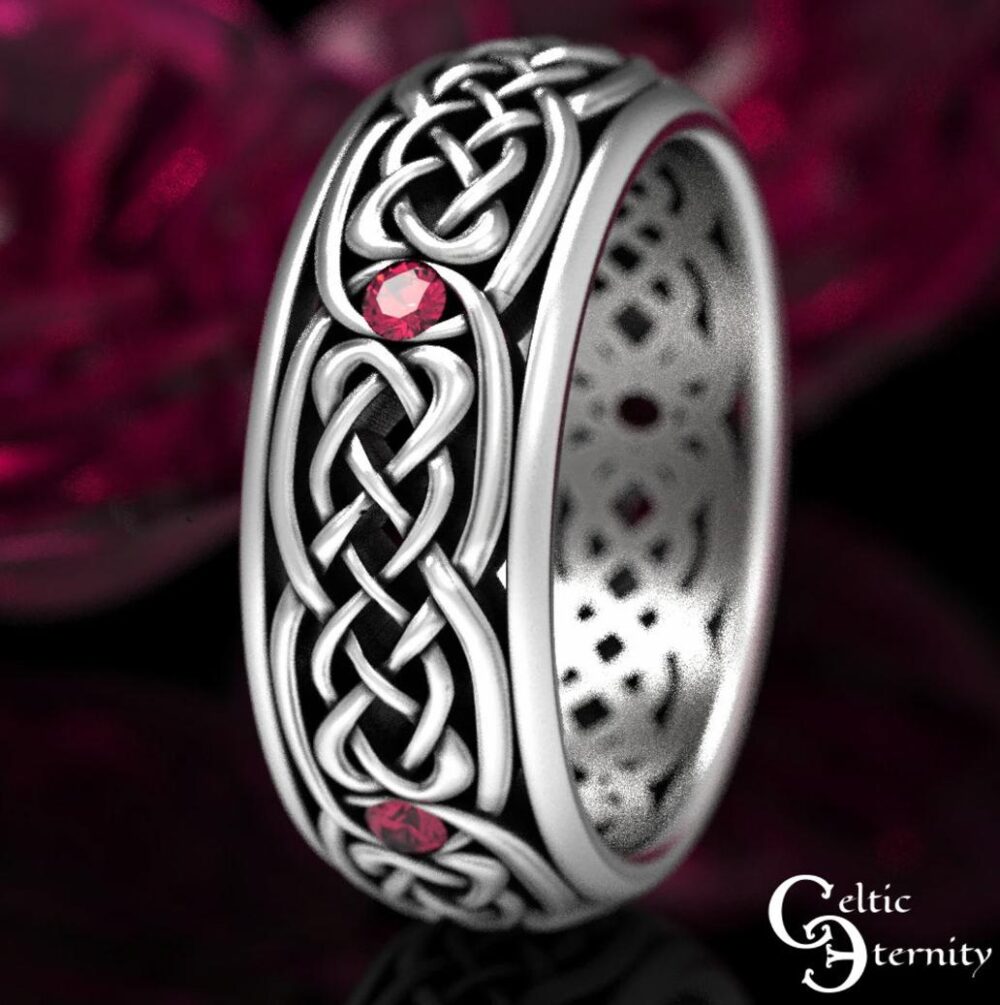 Modern Celtic Wedding Band, Mens Ruby Silver Ring, Sterling 1584