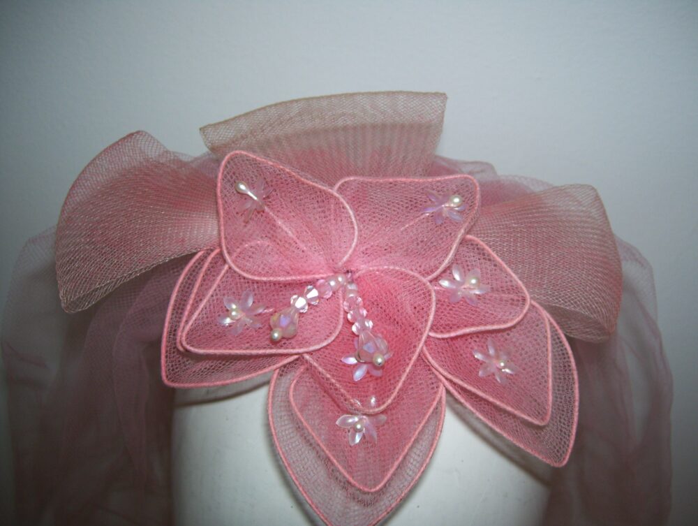 Vintage Pink Floral Fascinator Beaded Tulle Veil Headpiece