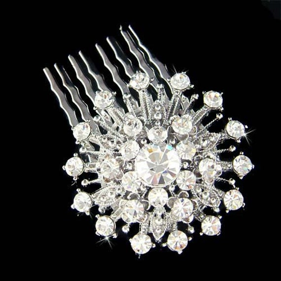 Swarovski Crystal Sunburst Sunshine Snowflake Flower Floral Hair Comb Bridal Wedding Head Piece Bun Fascinator Jewelry - Ready To Ship