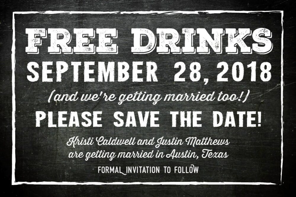 Chalkboard Wedding Save The Date Postcards Free Drinks, Engagement Announcement
