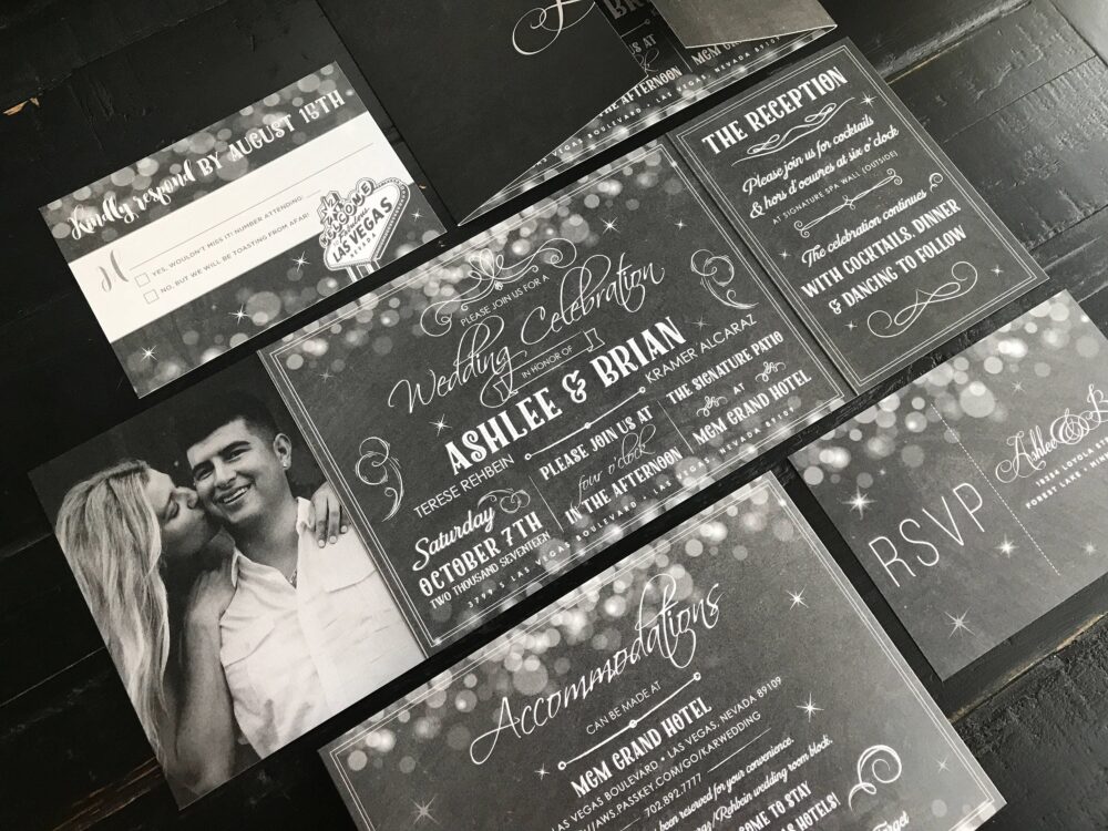 Las Vegas Invitation | Chalkboard Sparkle Custom Fold Wedding Suite Married in Announcement Sign