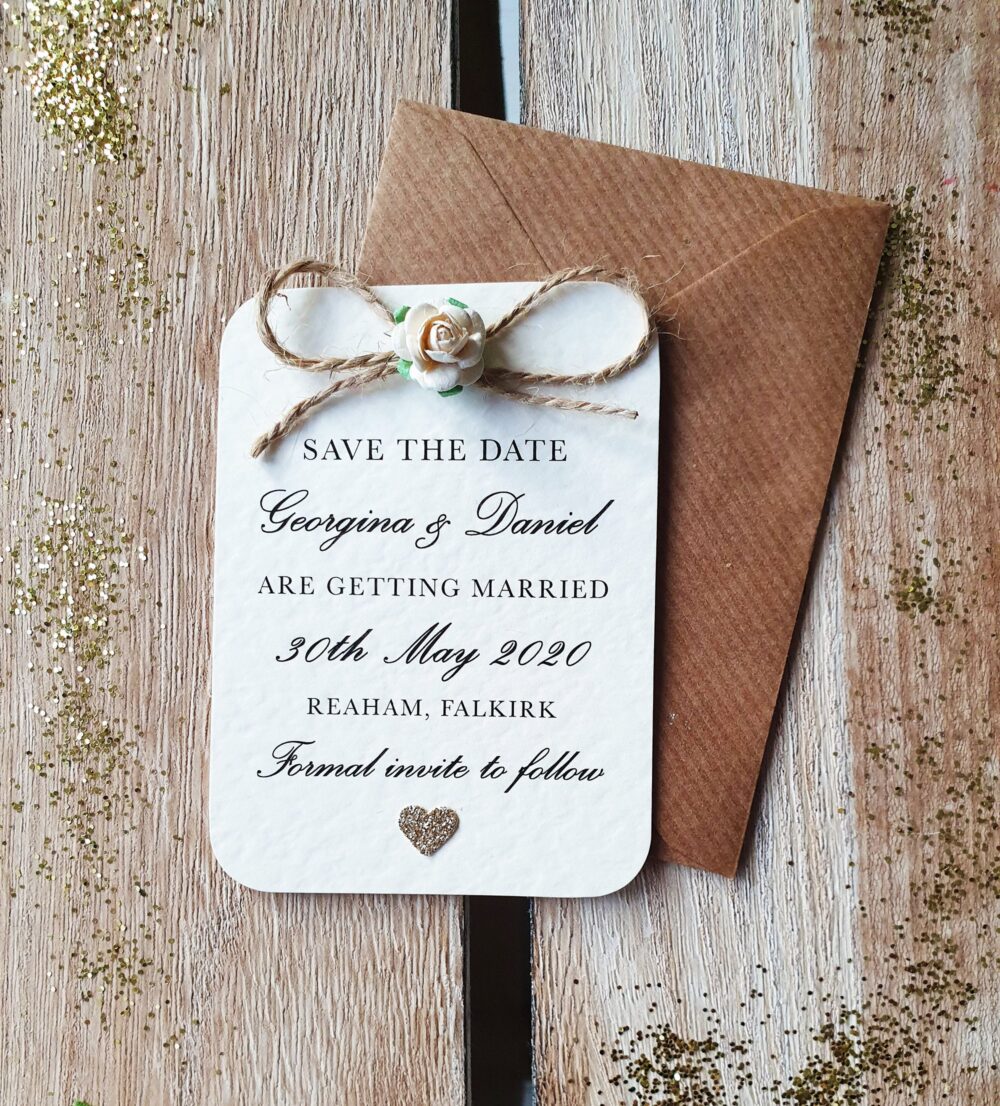 Rustic, Vintage, Elegant, Ivory Rose & Champagne Gold Glitter Heart Save The Date - Twine Bow Detailing