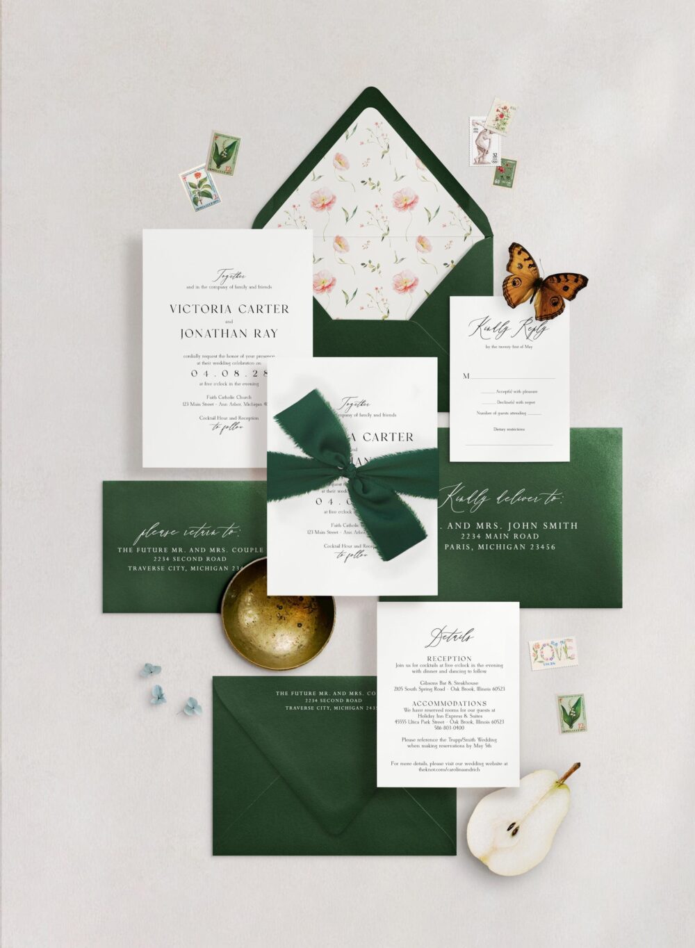 Elegant Rustic Wedding Invitation Suite | Dainty Florals With Silk Ribbon Or Band - Semi Custom Victoria Collection | Embellished Version
