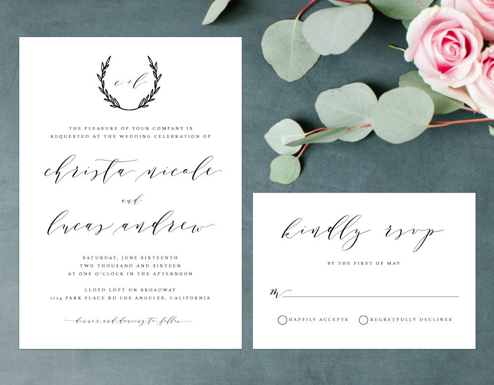 Rustic Wedding Invitation, Elegant Monogram Wreath Invite