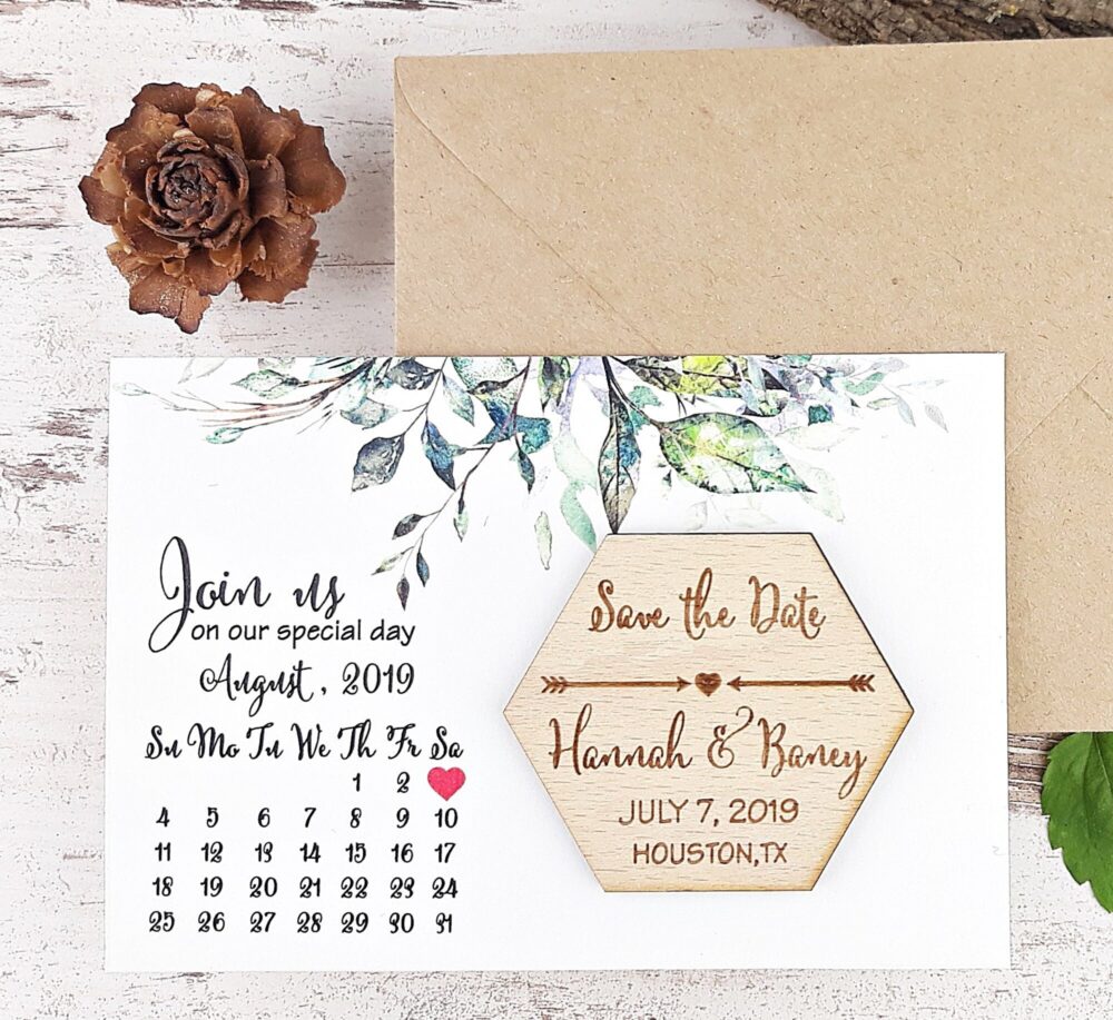 Personalized Save The Date Calendar Magnet + Card Envelope, Laser Engraved Wood Wedding Magnet, Wooden Hexagon Date