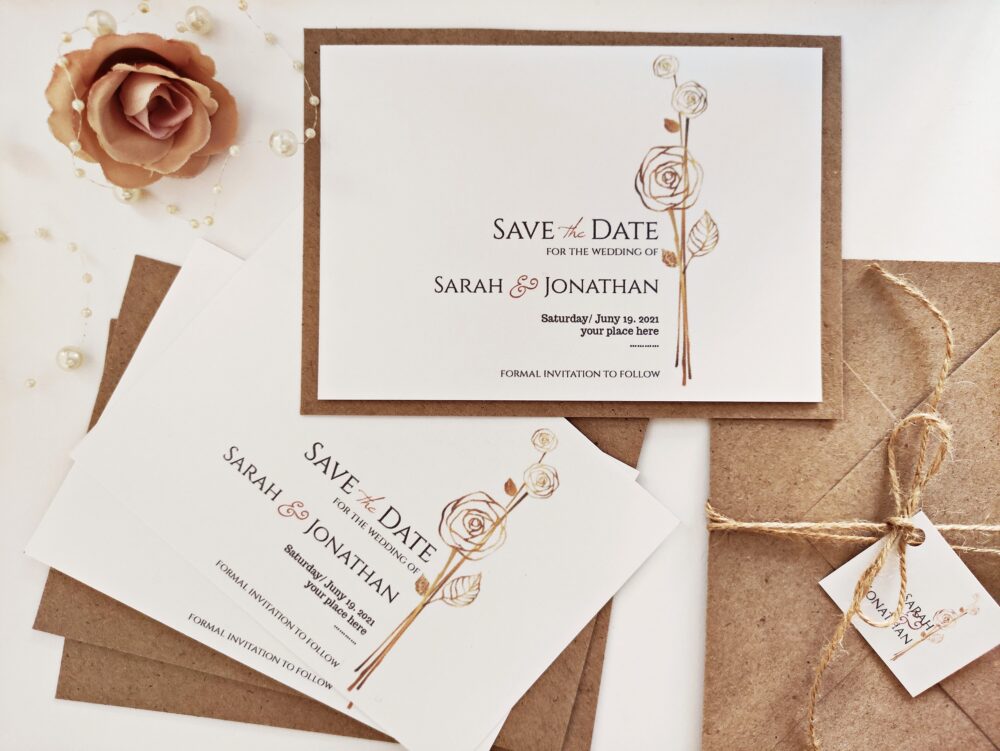 Elegant Save The Date Cards "Golden Rose", Wedding Invitations, Shimmery Cardstock & Rustis Envelope
