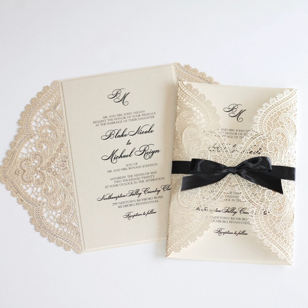 Ivory Lace Wedding Invitation Black Tie Formal Elegant Neutral Invite Custom Handmade Satin Bow Classic Theme