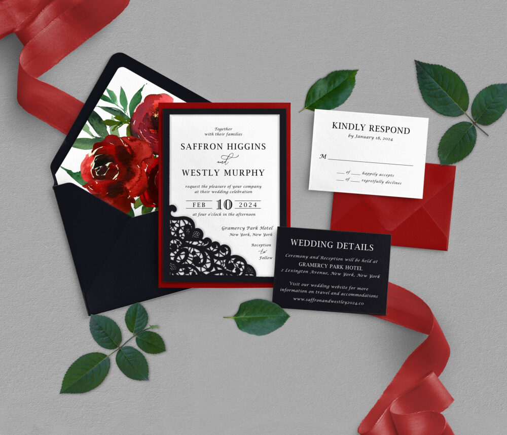 Black Lace Wedding Invitation Red Rose Floral Liner, White Ink