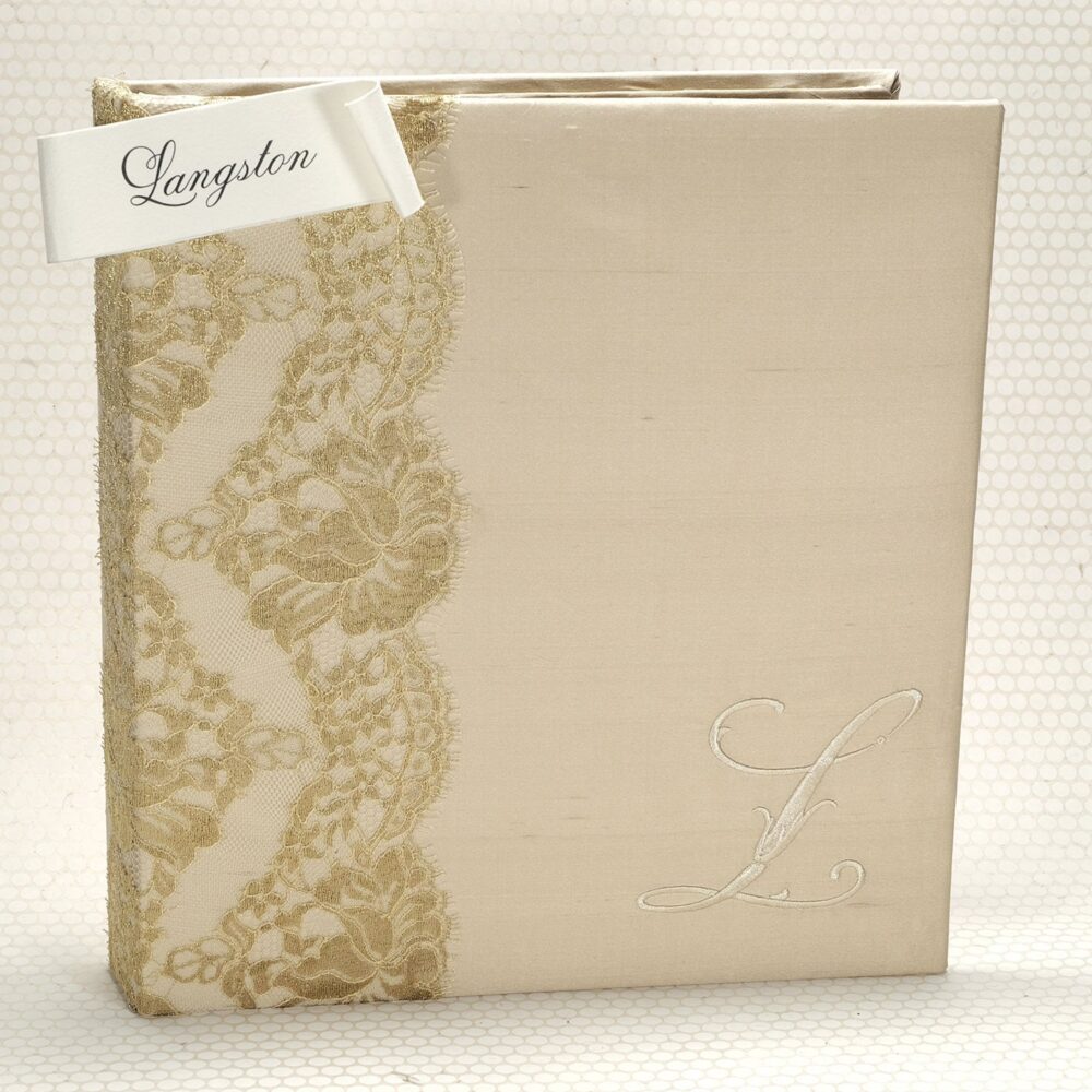 Gold Wedding Book - Alencon Lace Trim Custom Guest Guestbook Memory Beloved Photo Album Langston