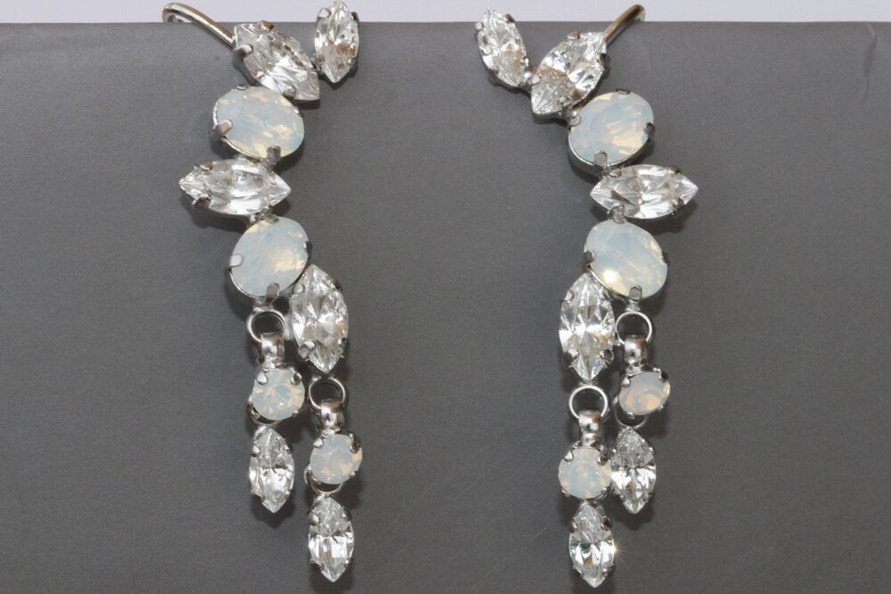 Bridal White Climbers, White Wedding Earrings, Gift For Bride, Opal, Unique Ear Climber Tassel Earrings