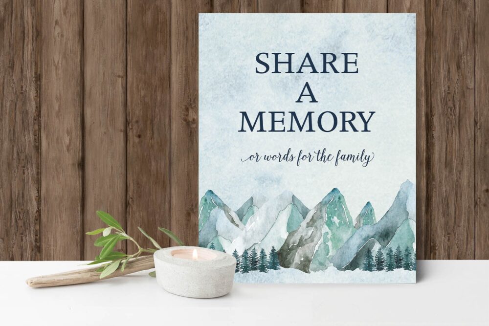 Share A Memory Sign Printable Funeral Celebration Of Life Memorial Card Outdoor Mountain Forest 8x10 Template