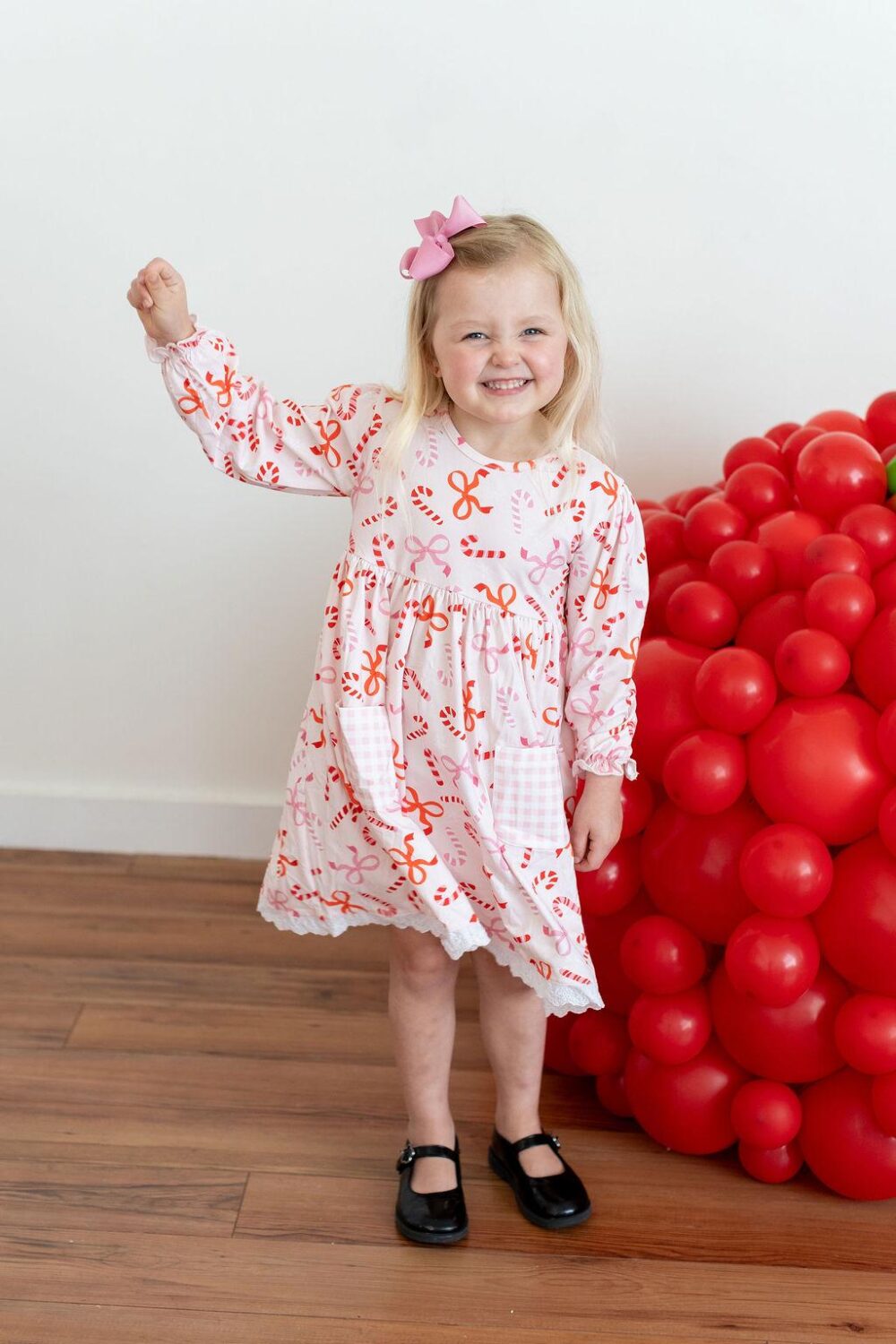 Girls Christmas Candy Cane Dress, Long Sleeve Holiday Outfit, Twirl Personalized Party Ruffle Dress