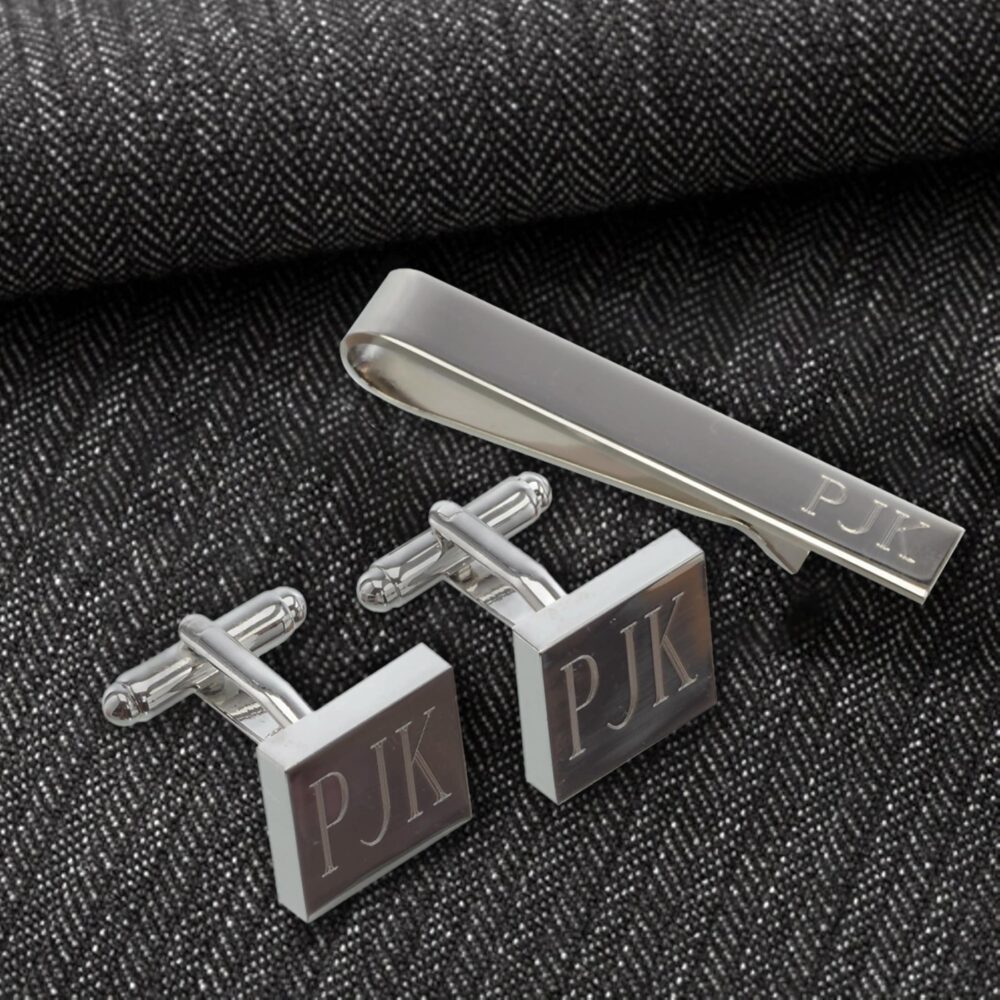 Silver Square Cufflinks & Tie Clip Gift Set For Groomsmen, Personalized Groomsmen Gifts, Cuff Link Bar Groom, Best Man