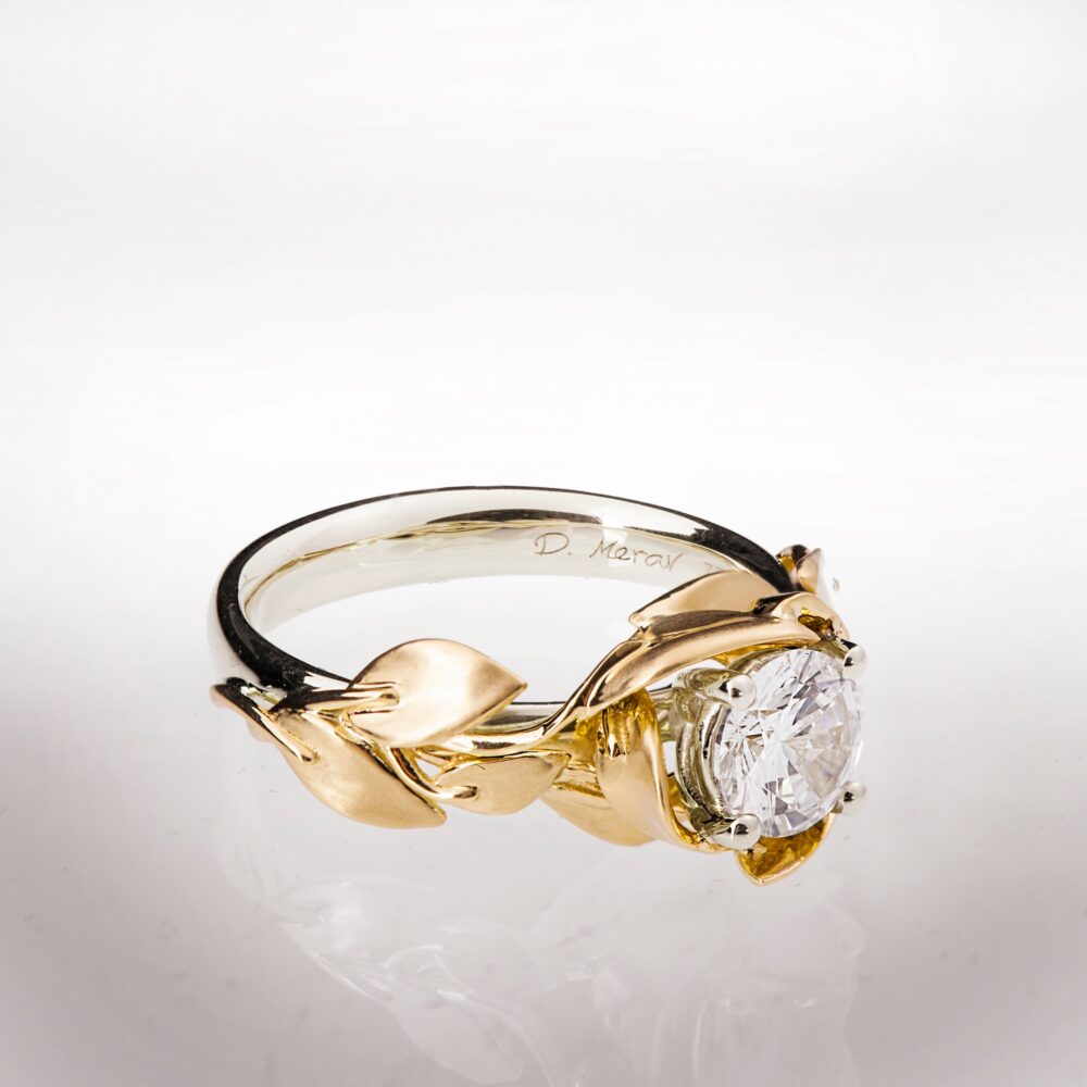Leaves Engagement Ring, 14K Gold & Moissanite Engagement Ring, Leaf 1Ct Moissanite, Moissanite Ring