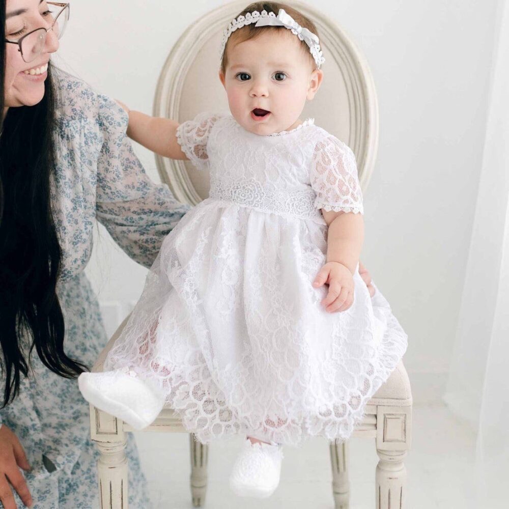 Sample Sale | White Lace Baby Dress Blue Silk Ribbon Sash Girl Baptism & Christening Olivia Final Sale
