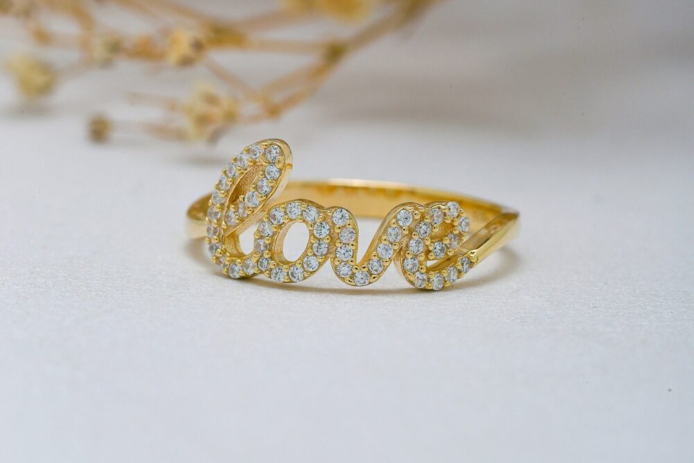 14K Solid Gold Love Ring, 925 Sterling Silver Script Zircon Stone Valentine's Day Gift, Christmas Gift