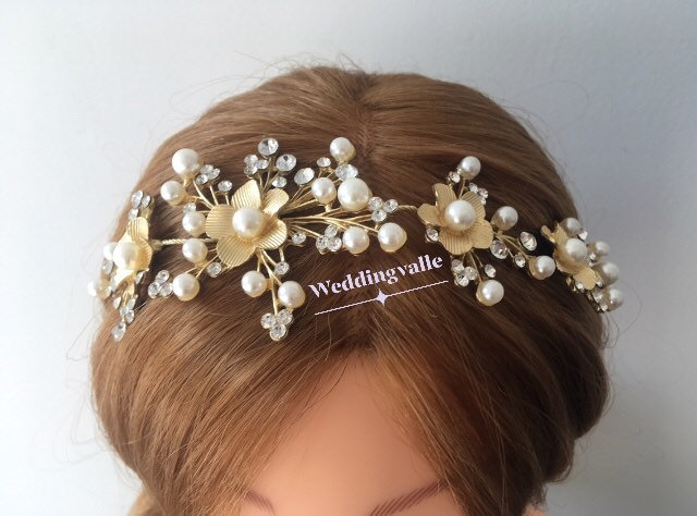 Sale - Romantic Gold Pearls Tiara, Wedding Bridal Jewelry, Headband, Flower Leaf Hair Vine