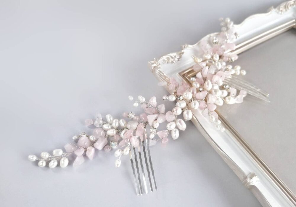 Bohemian Wedding Hair Comb Pearl, Rose Quartz, Rhinestone Bridal Headpiece