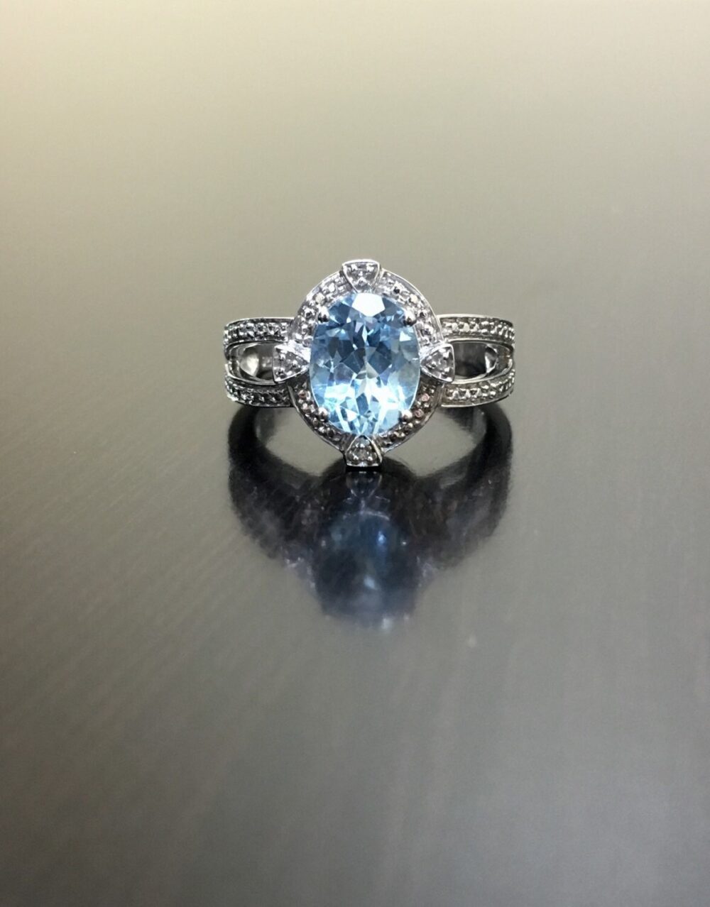 Art Deco Blue Topaz Diamond Engagement Ring - Wedding -Blue