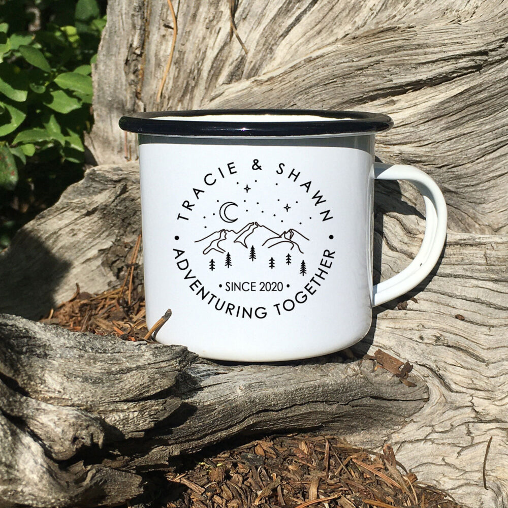 Personalized Mountain Wedding Gift Enamel Mug, Adventure Together Camping Cup, Engagement Newlywed Anniversary Gift, Couples Coffee Mug