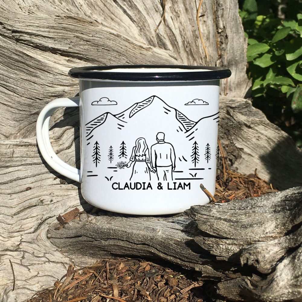 Personalized Wedding Gift Mountain Enamel Mug, Unique Elopement Camping Cup, Engagement Newlywed Anniversary Gift, Custom Couples Mug