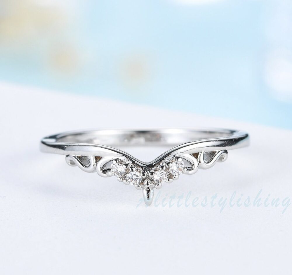 10K White Gold Curve Wedding Band, Woman Band, Sterling Silver Stacking Ring, Mossanite Matching Anniversary Ring