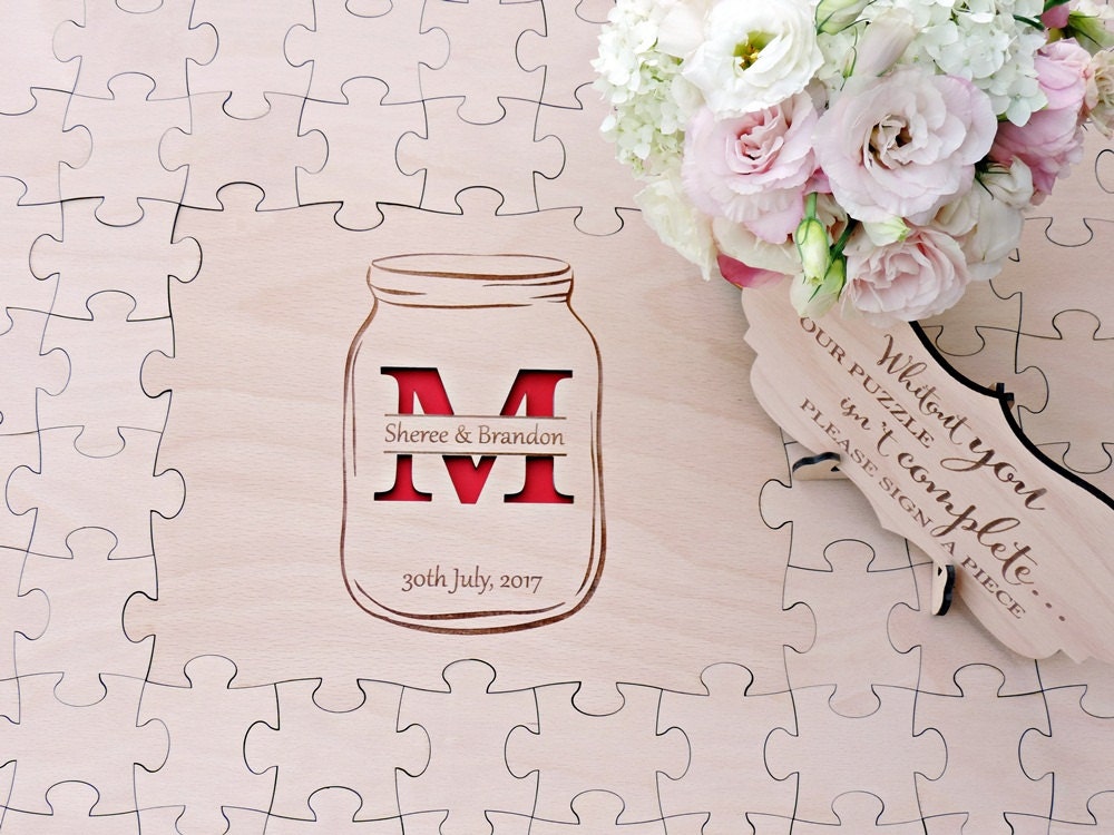 Mason Jar Wedding Guest Book Puzzle, Wood Puzzle Book, Custom