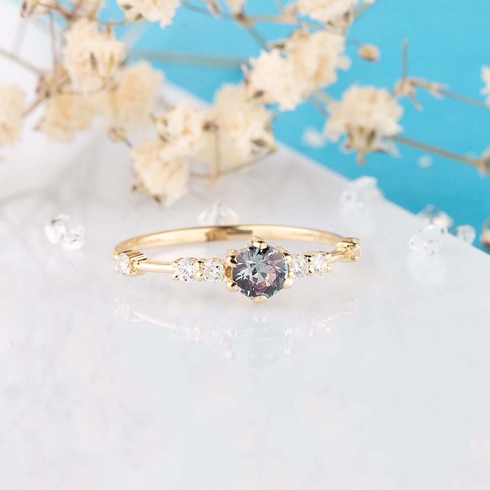 Alexandrite Promise Ring, 14K Yellow Gold Alexandrite & Diamond Engagement Woman Dainty Minimalist Ring