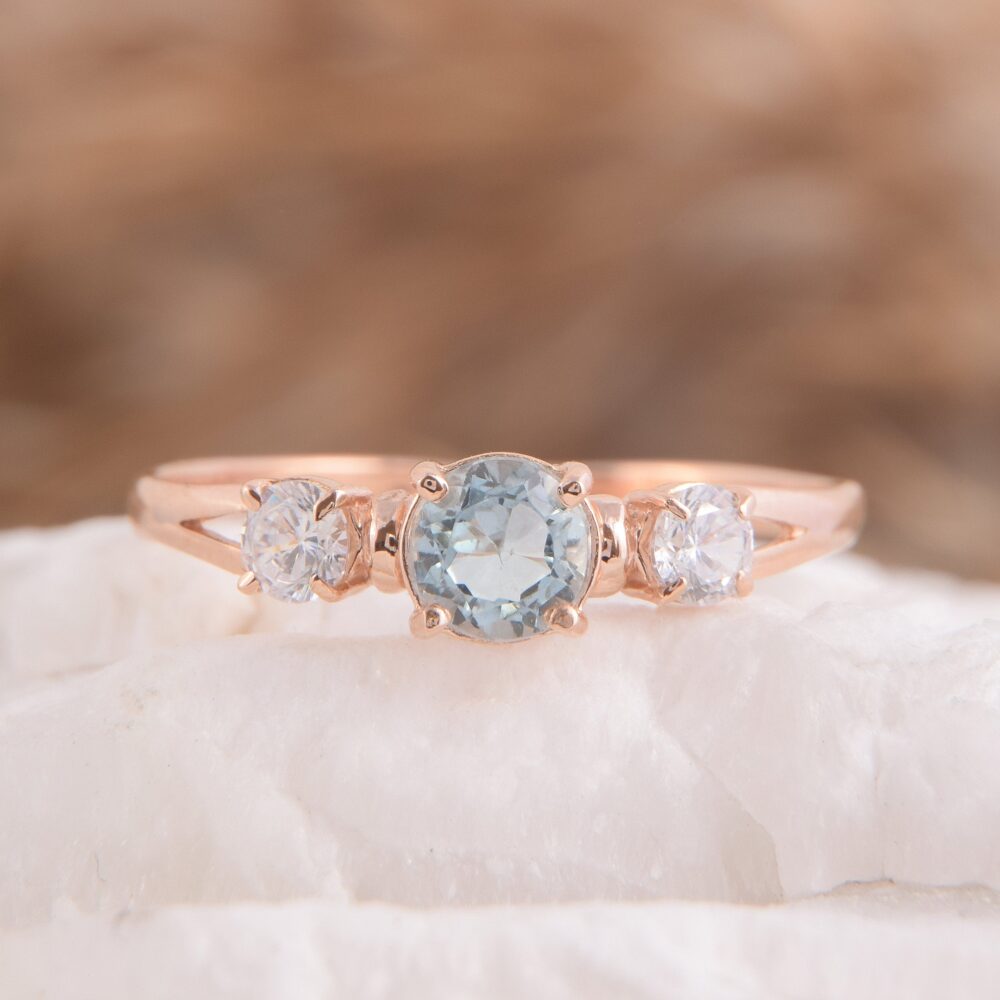 14K Rose Gold Simple & Dainty Blue Topaz Promise Ring For Her, Unique Womens Ring, Womens Engagement