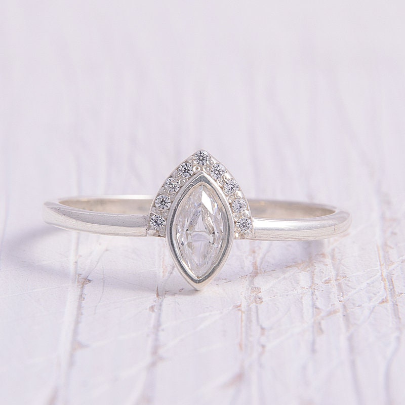 Antique Womens Promise Ring, Art Deco Silver Dainty Marquise Ring