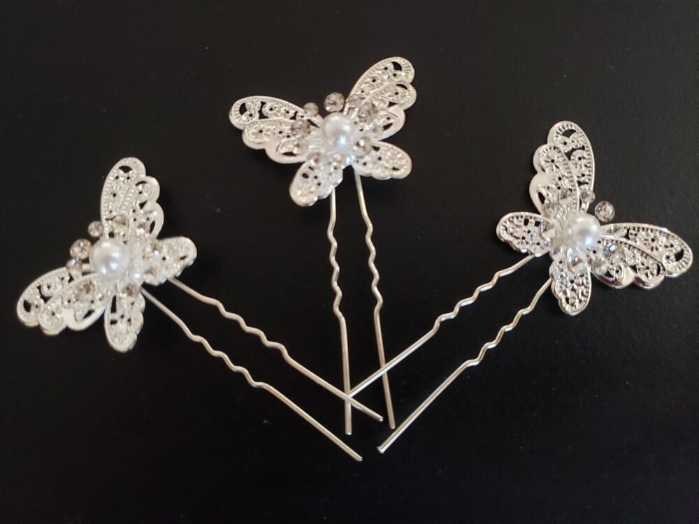 Butterfly Pins Crystal & Pearl Hair Pin Bridal Wedding Accessory Silver Stick Bridesmaid Gift For Her