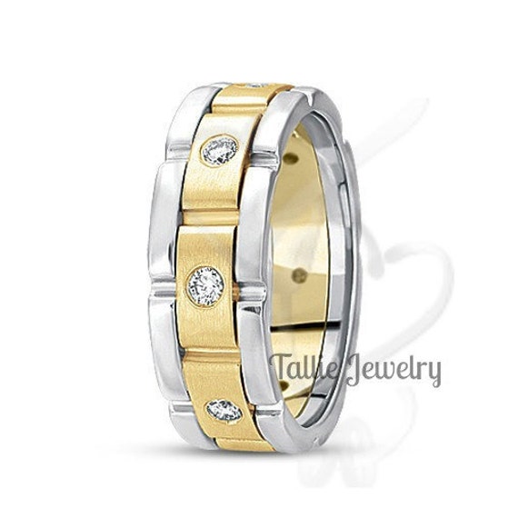 Two Tone Gold Wedding Bands, 8mm 10K 14K 18K Solid White & Yellow Diamond Mens Rings, Bands