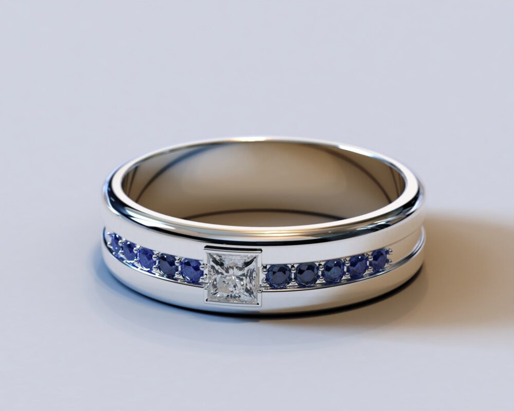 Sapphire Wedding Band/Mens Diamond Ring Unique Classic Elegant White Gold