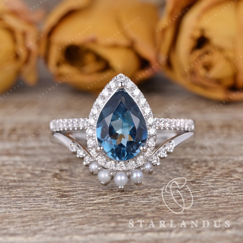 Engagement Ring White Gold Bridal Set Pear Shaped London Blue Topaz 8x12mm Tear Drop Rings Pearl Curved Custom Wedding Band