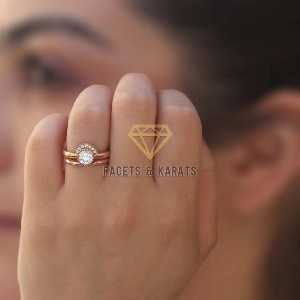 Unique Engagement Ring Wedding Band Bridal Set 14K Solid Rose Gold Unusual Non Traditional Custom Rings Diamond Alternative