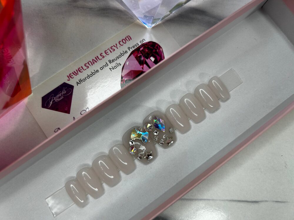 Sheer Pearl Thin Hard Gel Nails || Swarovski Press On False Jewels Nails