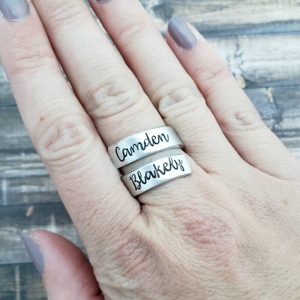 Personalized Name Ring, Hand Stamped Jewelry, Customized Gift For Her, Aluminum Wrap Twist Mom, Mother's Day From Kids