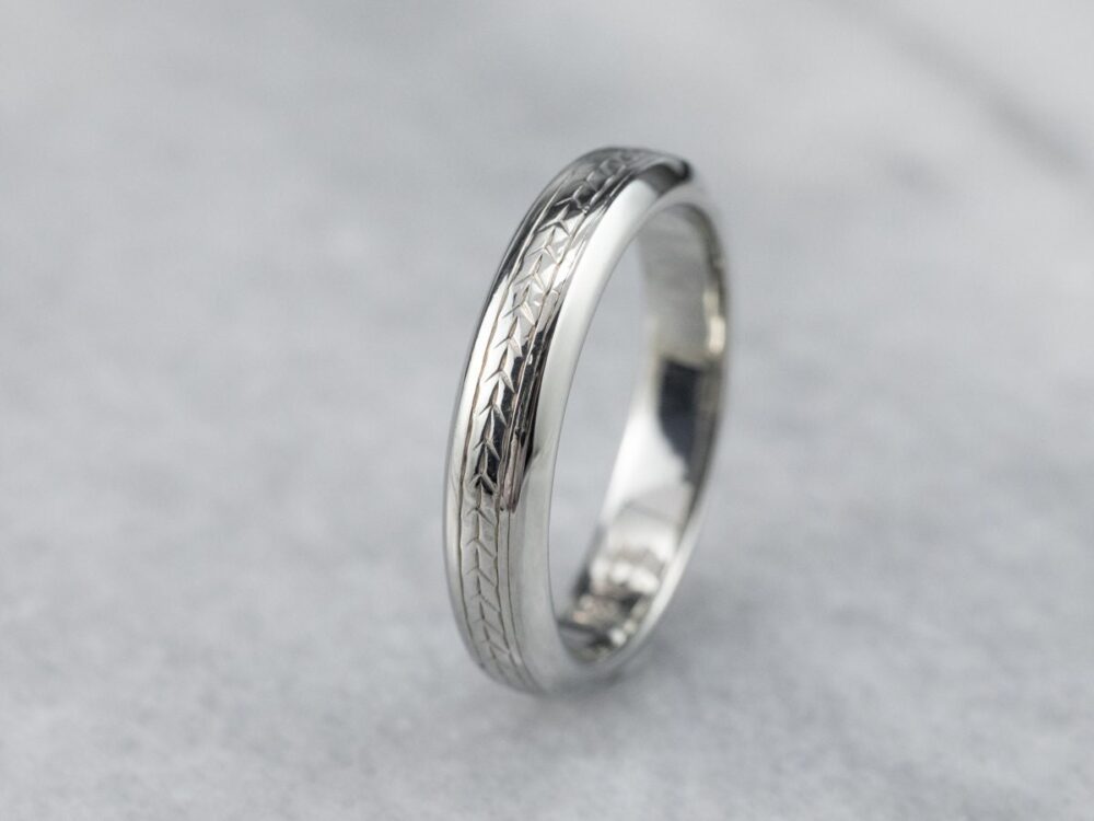 White Gold Engraved Wedding Band, Wheat Pattern 18K Stacking Unisex Band T2Uxklvc