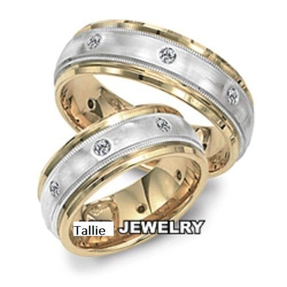 His & Hers Diamond Wedding Bands, Matching Rings Set, Two Tone Gold 10K 14K 18K White Yellow Bands