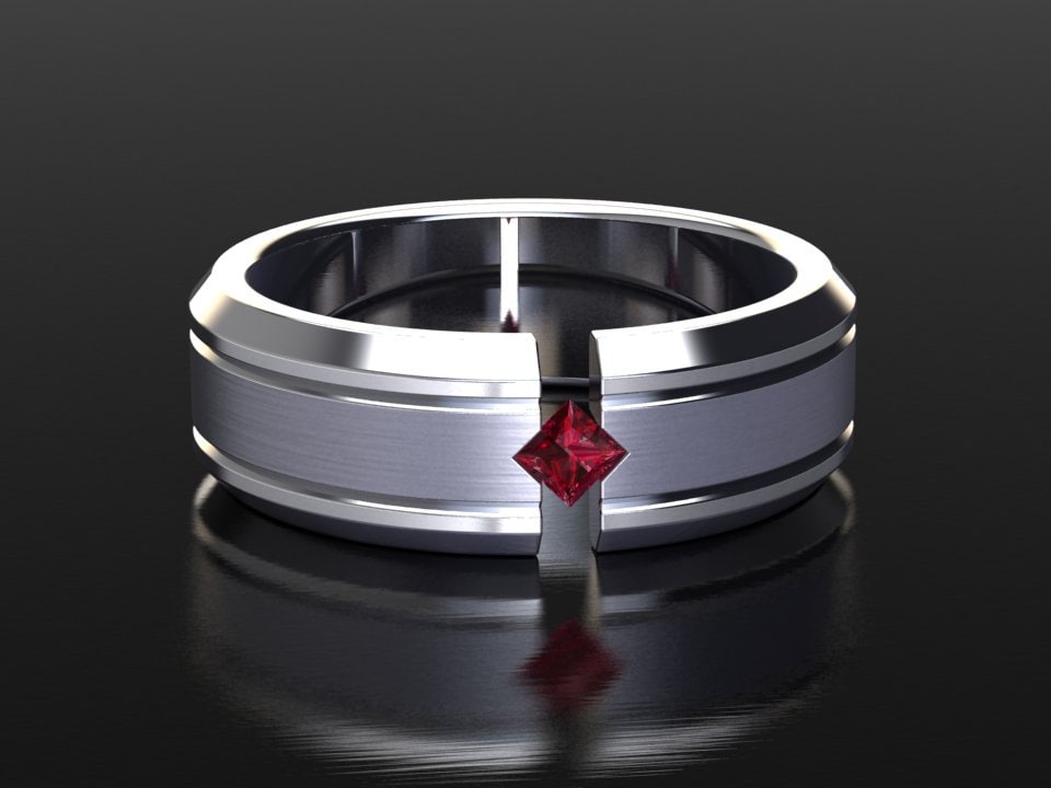 Platinum Mens Ruby Wedding Ring, Band, 7mm Princess Cut Ruby, Unisex, Jewelry