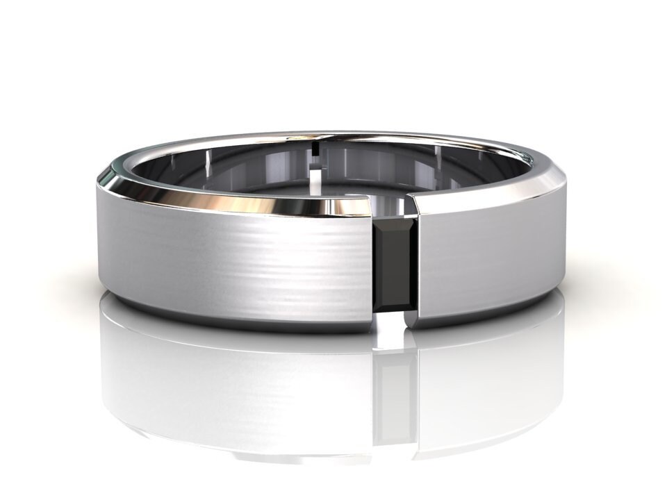 Mens Black Diamond Wedding Band, Solid Platinum, Ring, Promise 6mm Brushed Finish Center, Unisex, April Birthstone