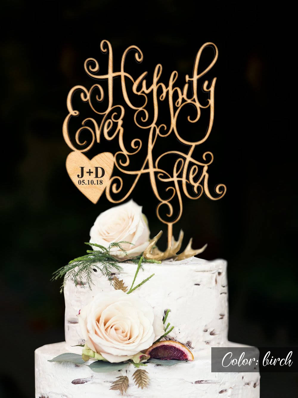 Happily Ever After Wedding Cake Topper. Engraved Initials Of The Bride & Groom Wedding Date.rustic Personalized Topper
