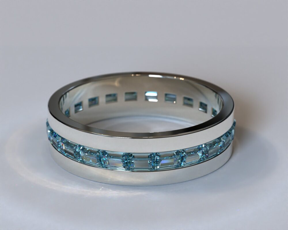 Mens Wedding Band/Channel Ring Baguette Cut Diamond Blue White Gold