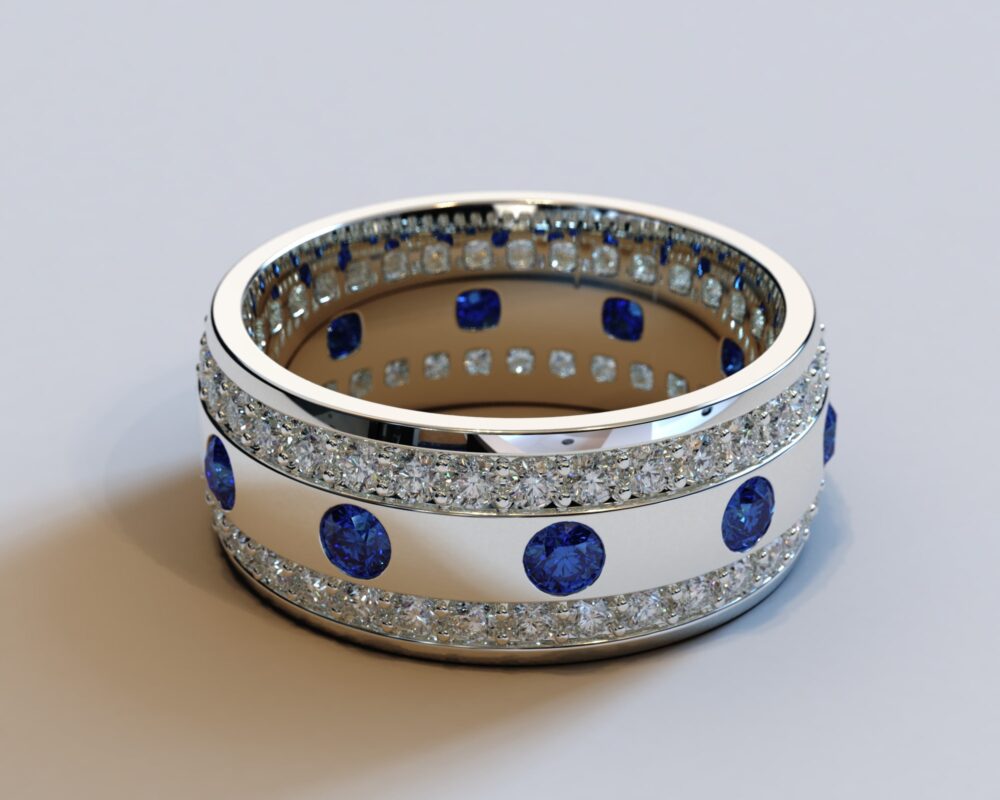 Platinum Mens Wedding Band/Sapphire Diamond White Gold Ring