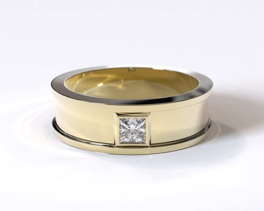 Gold Mens Wedding Band/Diamond Square Clear Ring Unique