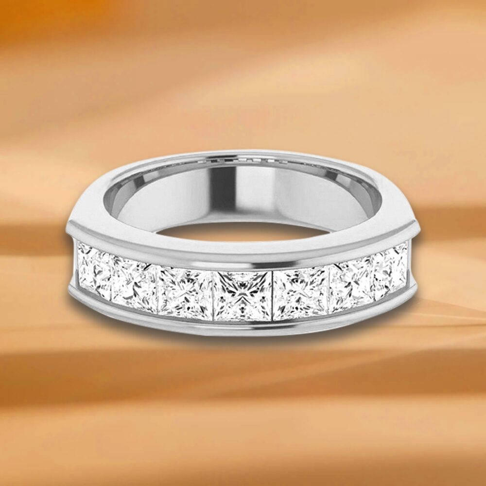 2.73 Ctw Channel Set Princess Diamond Men's Ring - 14K/18K White, Yellow, Rose Gold & Platinum 950, Natural Diamonds Band