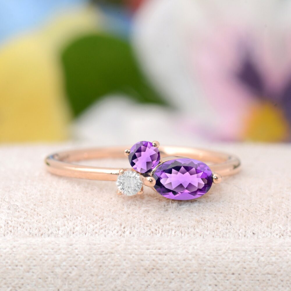 Amethyst Engagement Ring Handmade Solid Gold Diamond Accent