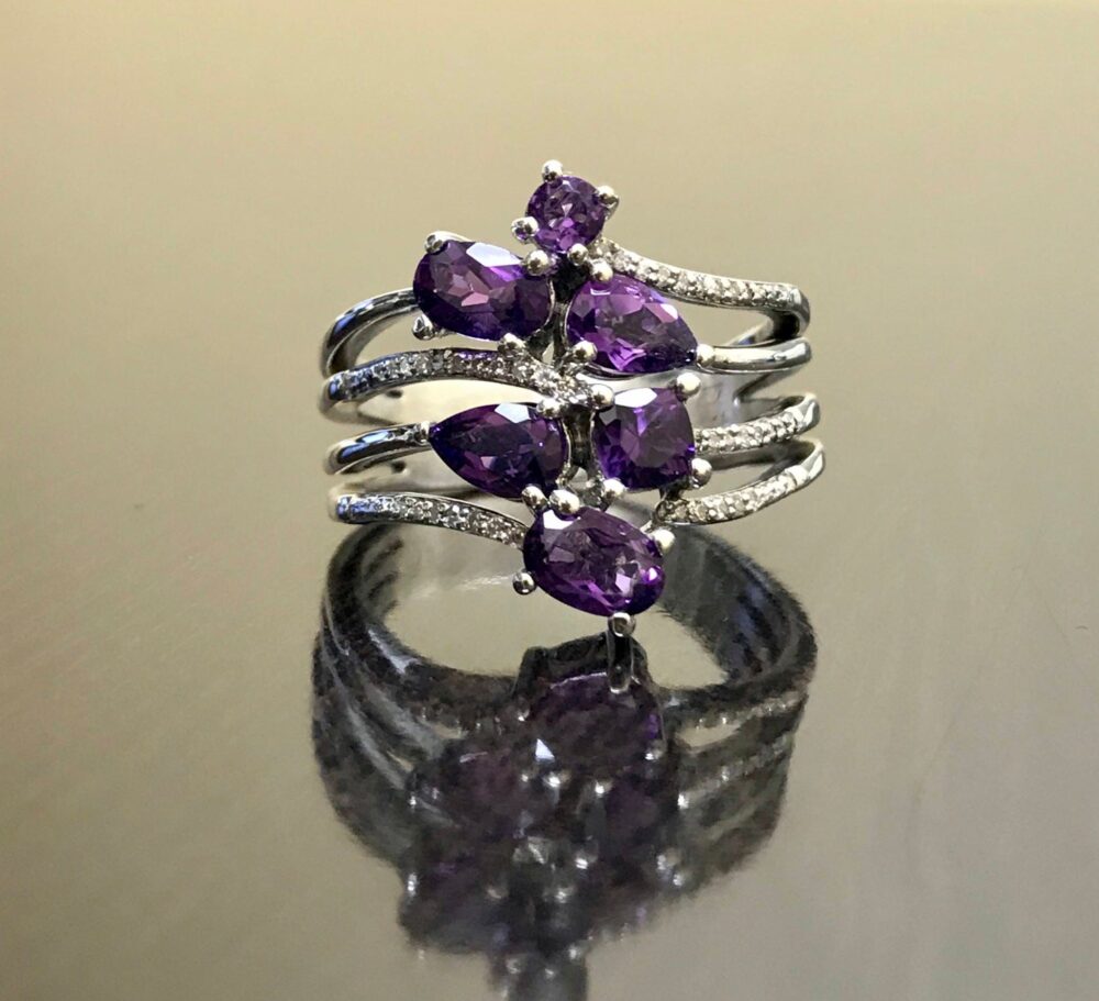 Art Deco Diamond Amethyst Engagement Ring - Sterling Silver Wedding