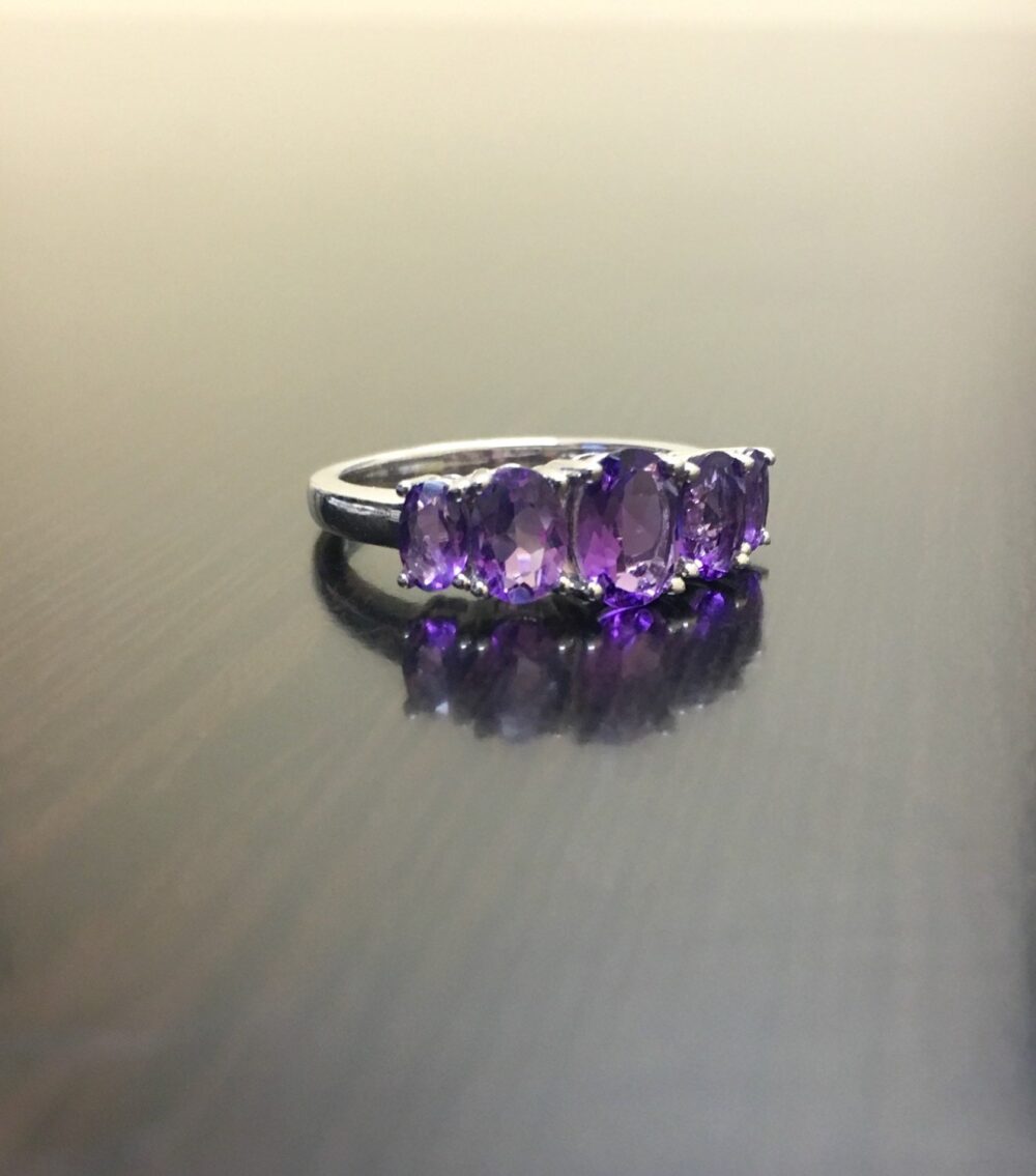 14K White Gold Amethyst Engagement Ring - Wedding Five Stone