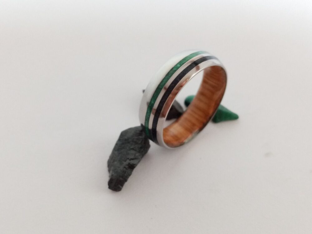 Bourbon Barrel Wood Ring Titanium Mens Wedding Band With Jade & Tourmaline